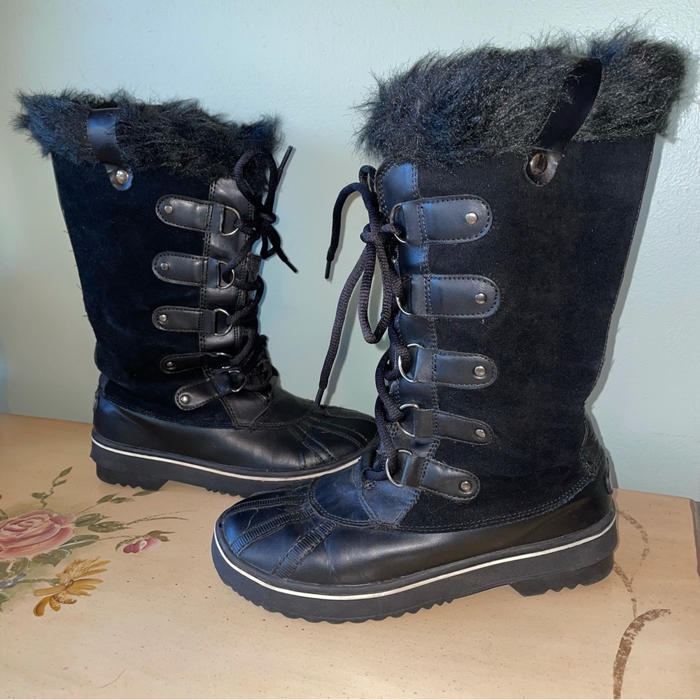 Khombu Black Leather Faux Fur Winter Snow Boots 7.5